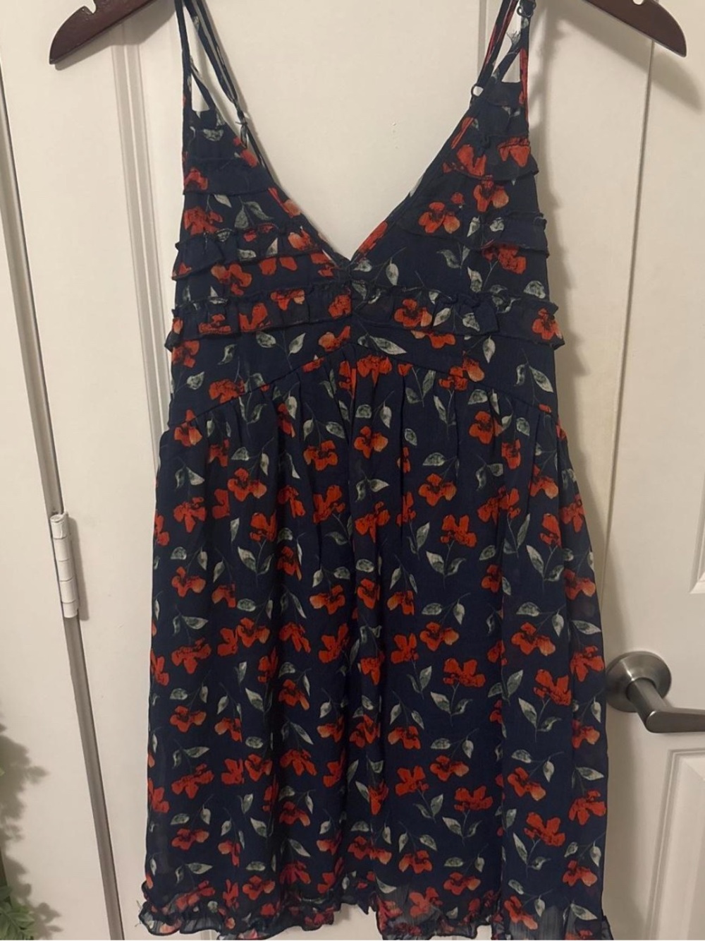 Francesca’s Navy Floral Ruffle Sundress with Red Flowers